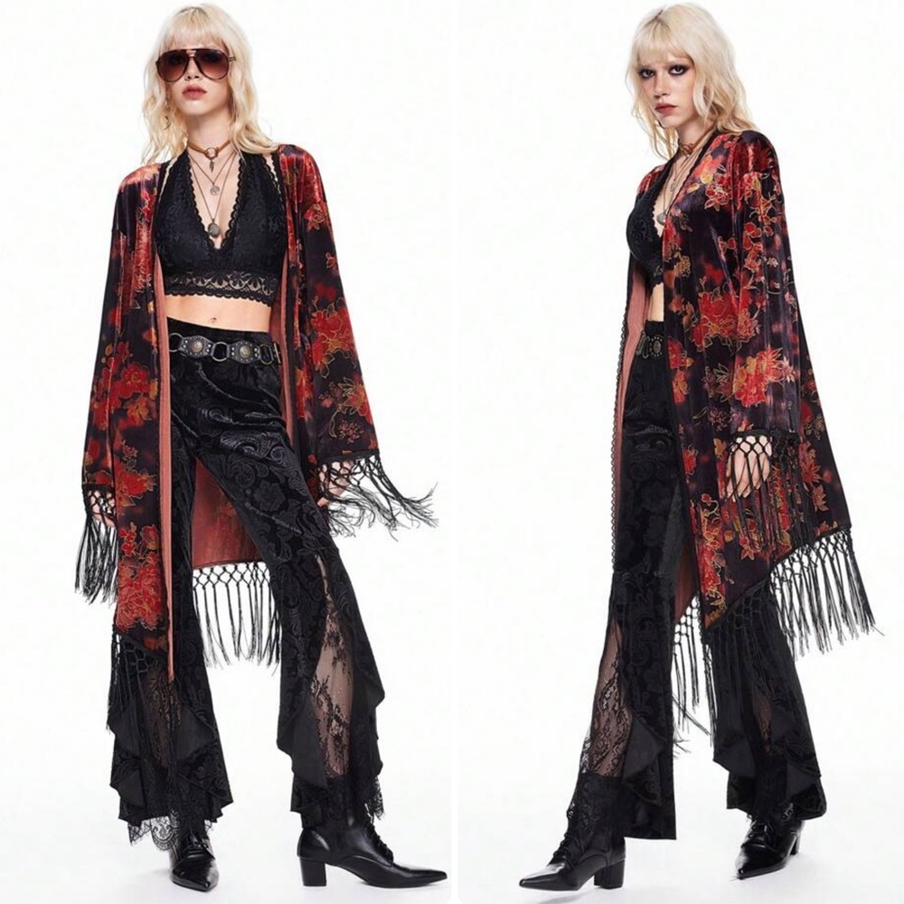 ROMWE Red and Black Floral Fringe Kimono